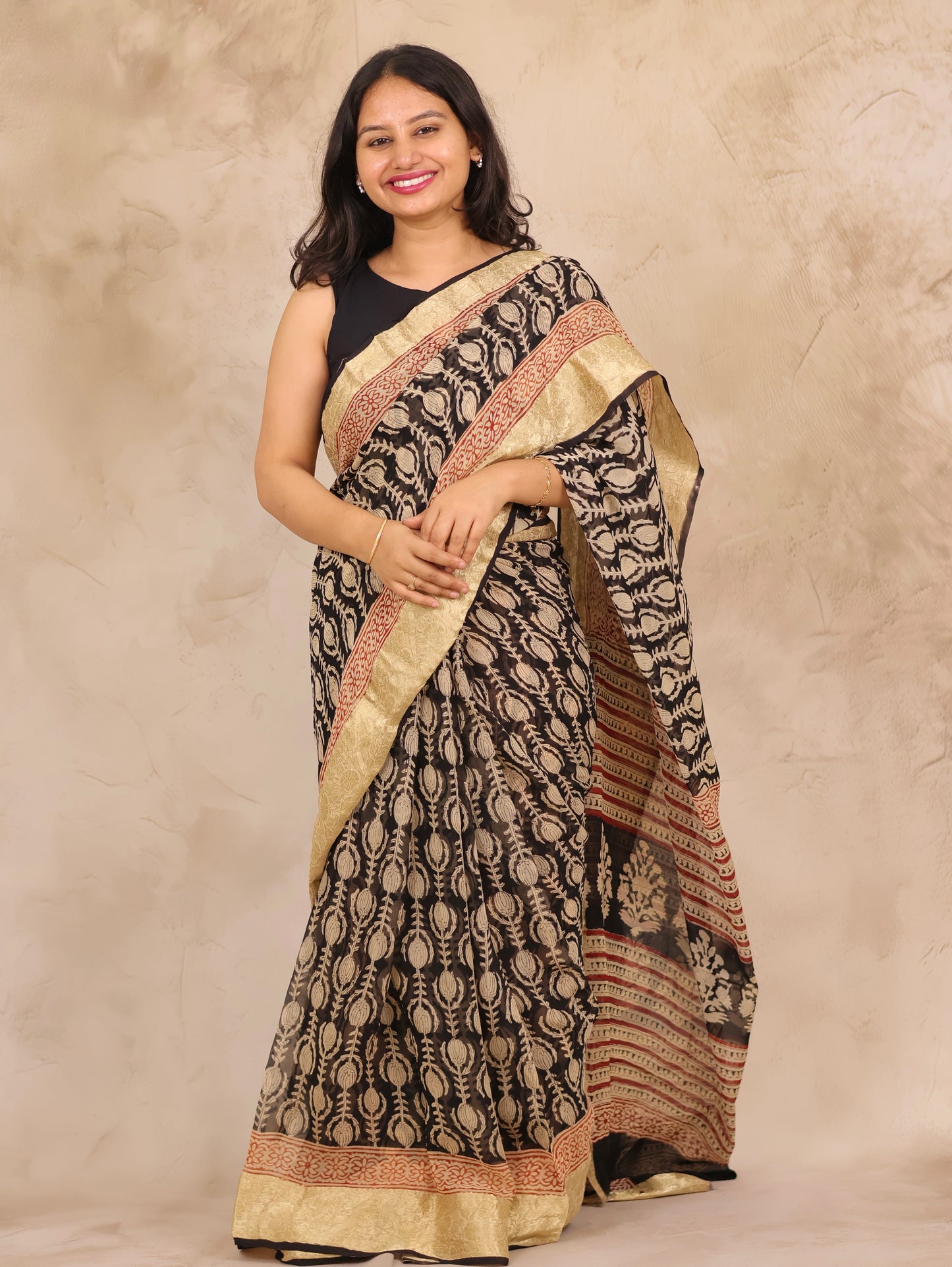 Black Chiffon Hand Block Printed Saree with Jari Border | Looms & Tassels