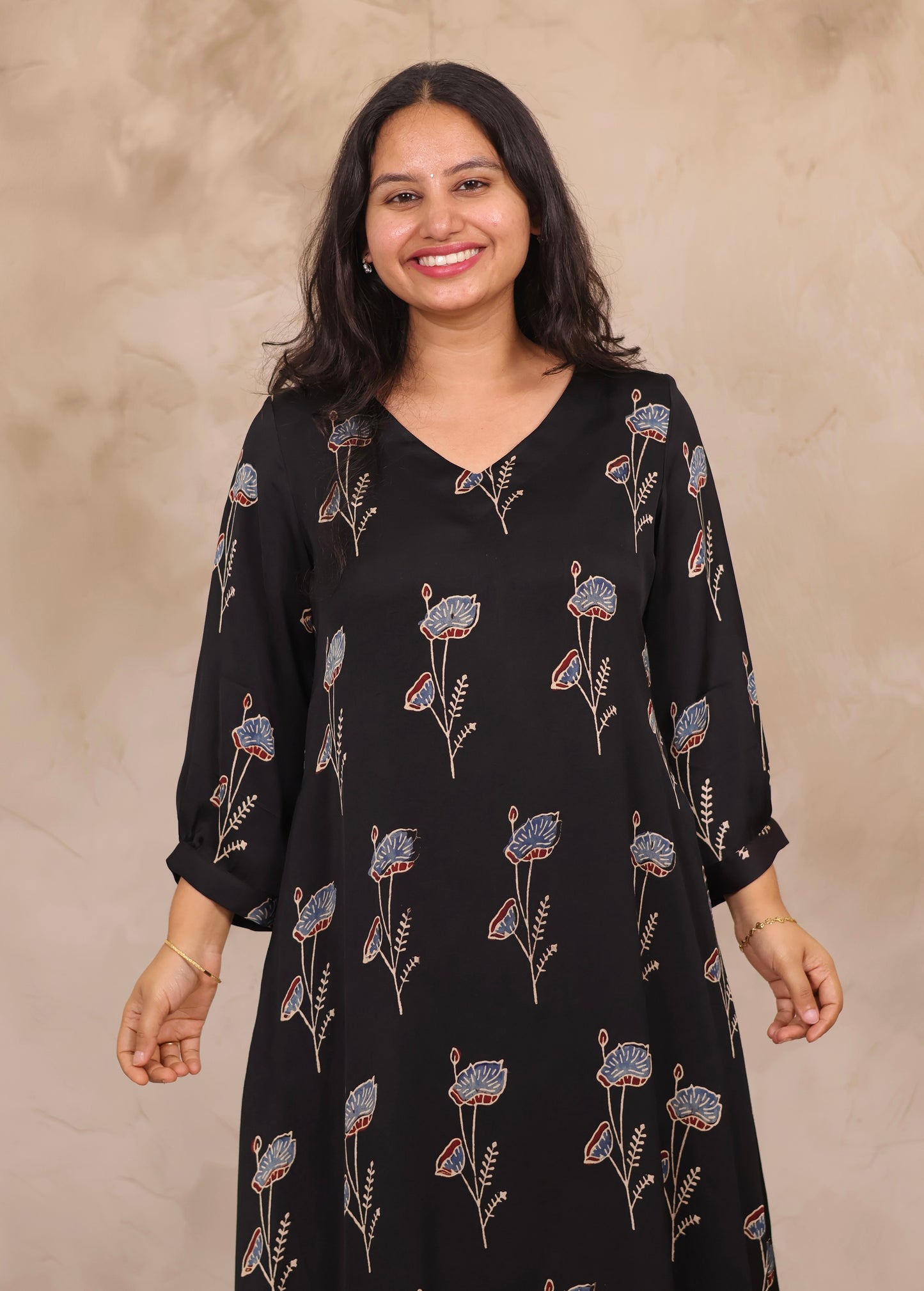 Black Ajrakh Modal Silk Aline Dress | Looms & Tassels