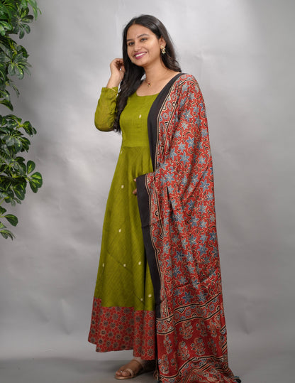 Parrot  Green Ajrakh Patch Work Narayanpet Cotton Anarkali Dress with Ajrakh Modal Silk Dupatta | Looms & Tassels