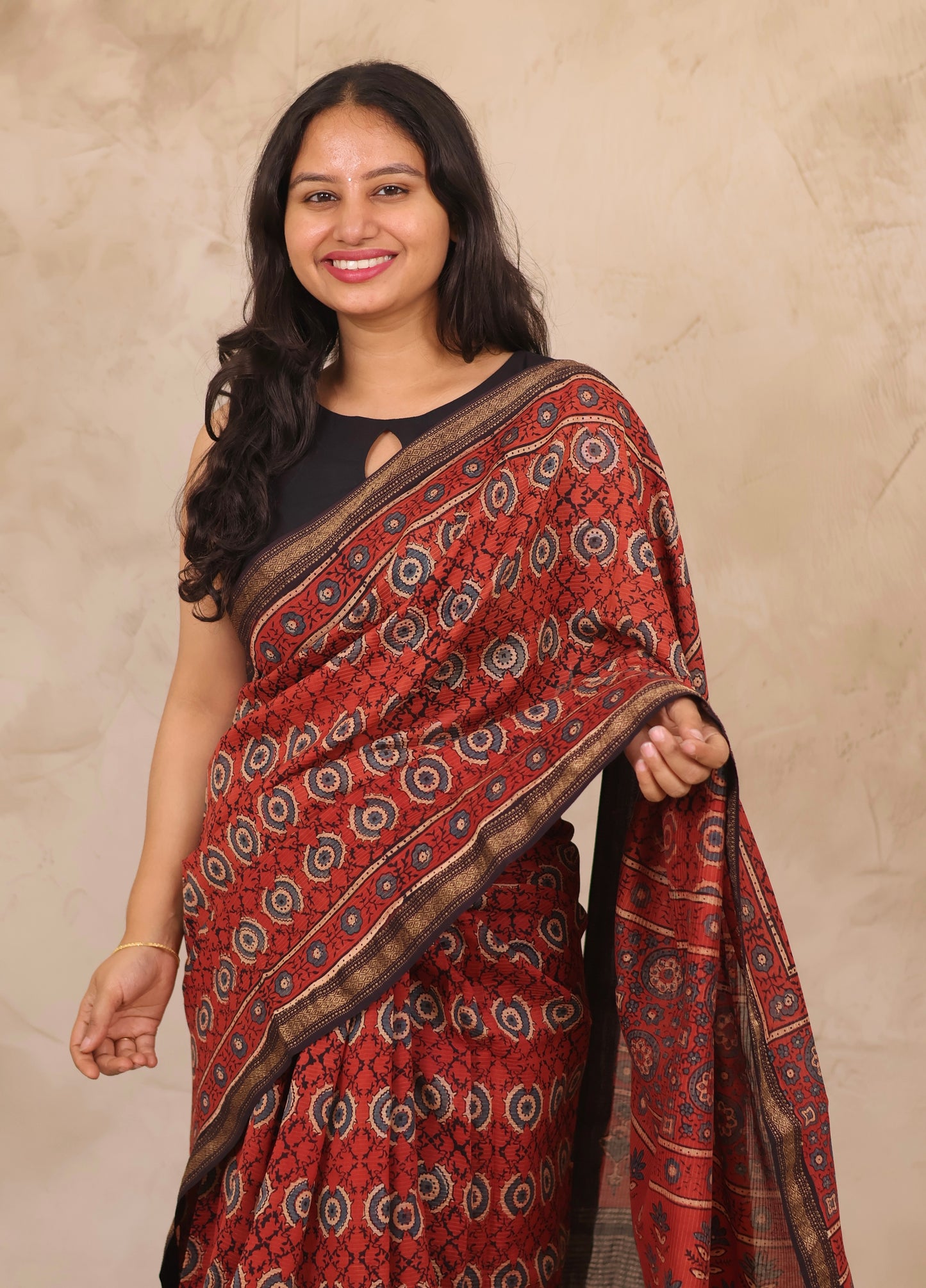 Maheswari Silk Cotton Ajrakh Handblock Printed Saree | Looms & Tassels