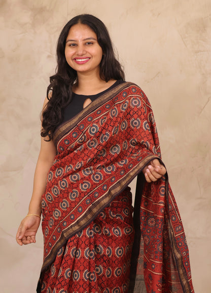 Maheswari Silk Cotton Ajrakh Handblock Printed Saree | Looms & Tassels