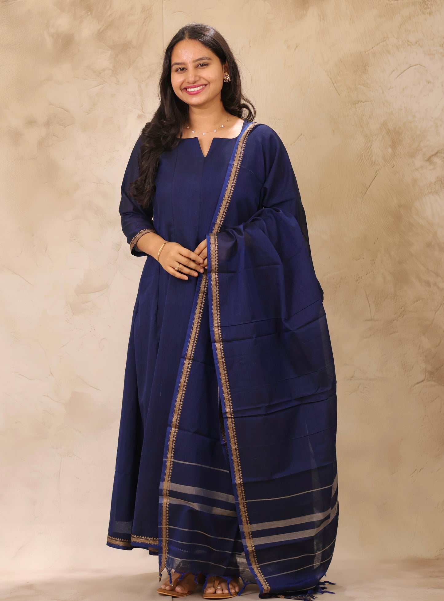 Blue Narayanpet Cotton Kali Kurta with Narayanpet Dupatta | Looms & Tassels