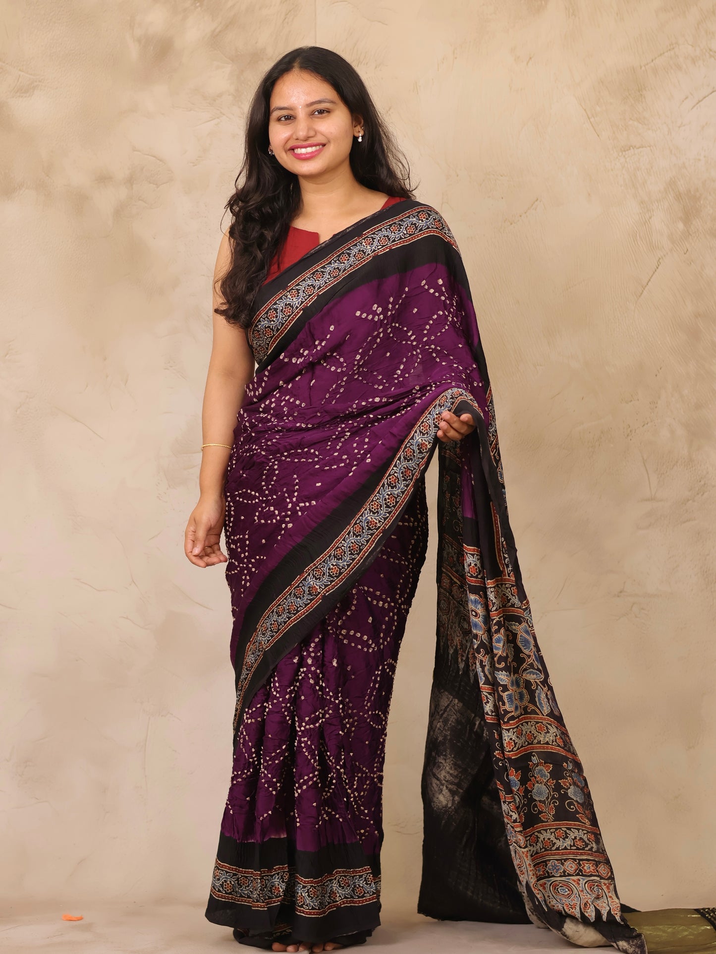 Jamun Hand Knotted Bandhej Arakh Modal Silk Saree with Lagdi Pallu | Looms & Tassels