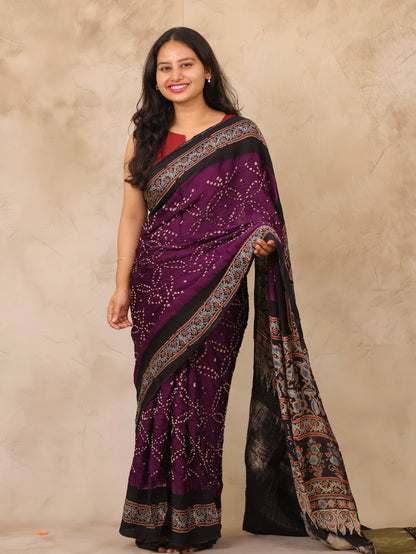 Jamun Hand Knotted Bandhej Arakh Modal Silk Saree with Lagdi Pallu | Looms & Tassels