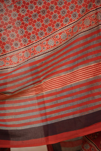 Red Ajrakh Hand Block Printed Cotton Saree | Looms & Tassels