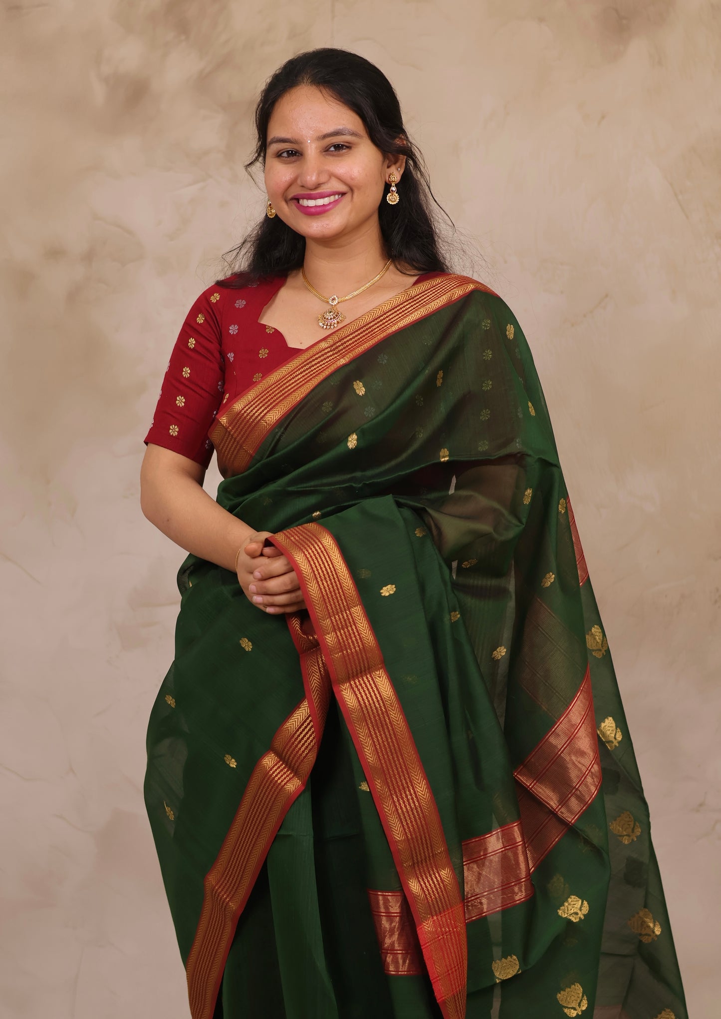 Green Handloom Maheswari Silk Cotton Sarees | Looms & Tassels