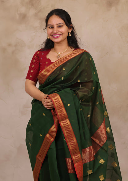 Green Handloom Maheswari Silk Cotton Sarees | Looms & Tassels