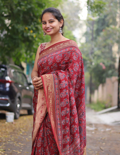 Red Floral Motifs Ajrakh Handblock Printed Dola Silk Saree