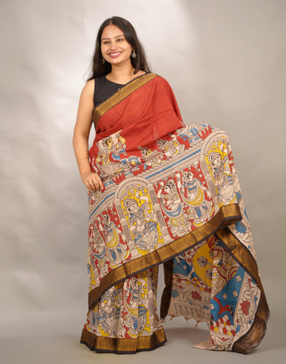 Maroon Kalamkari Nizam Border Chennur Silk Saree | Looms & Tassels