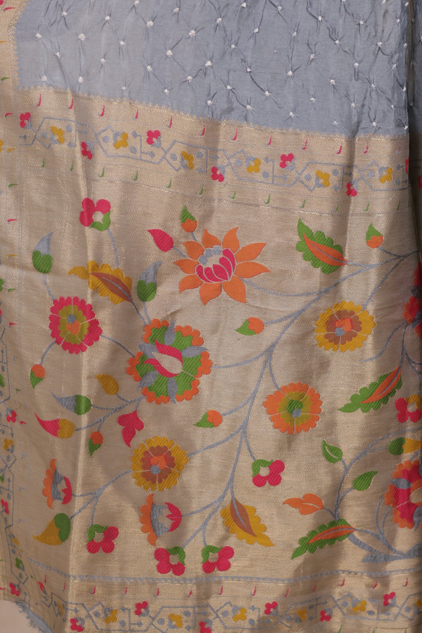 Grey Handcrafted Pattern Bandhani Paithani Dola Silk Saree | Looms & Tassels