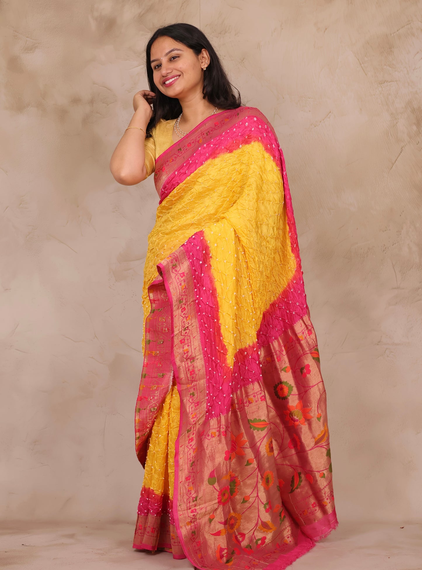 Pink & Yellow Handcrafted Bandhani Paithani Dola Silk Saree | Looms & Tassels