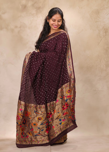 Deep purple Handcrafted Bandhani Paithani Dola Silk Saree | Looms & Tassels