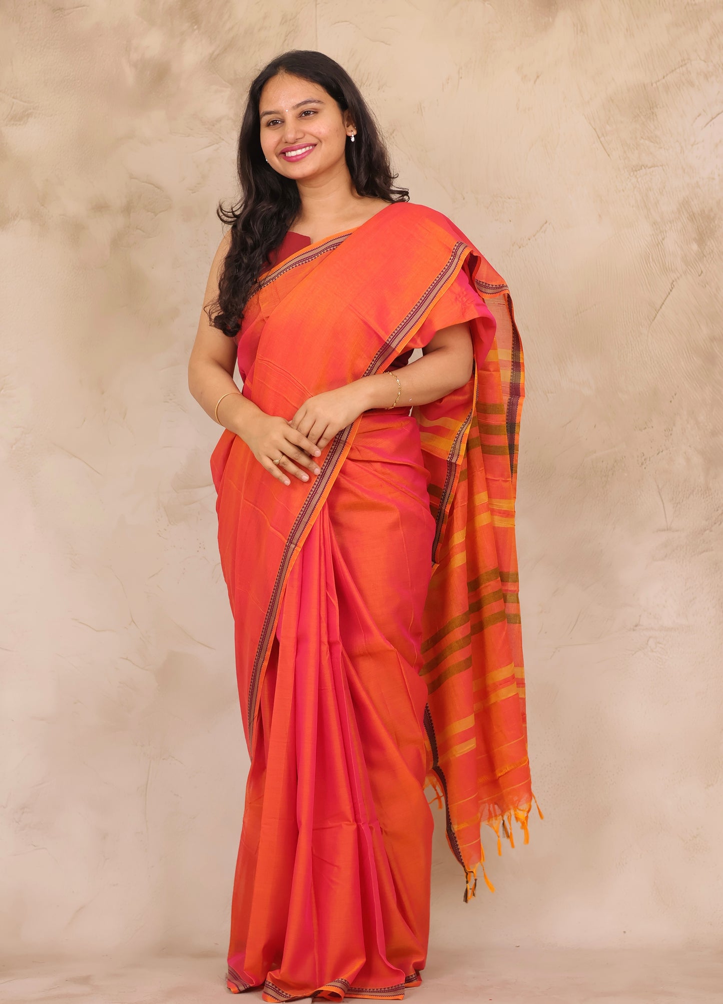 Orange Narayanpet Cotton Saree | Looms & Tassels