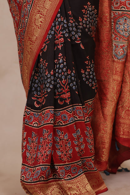 Black & Red Ajrakh Handblock printed Dola Silk Saree | Looms & Tassels