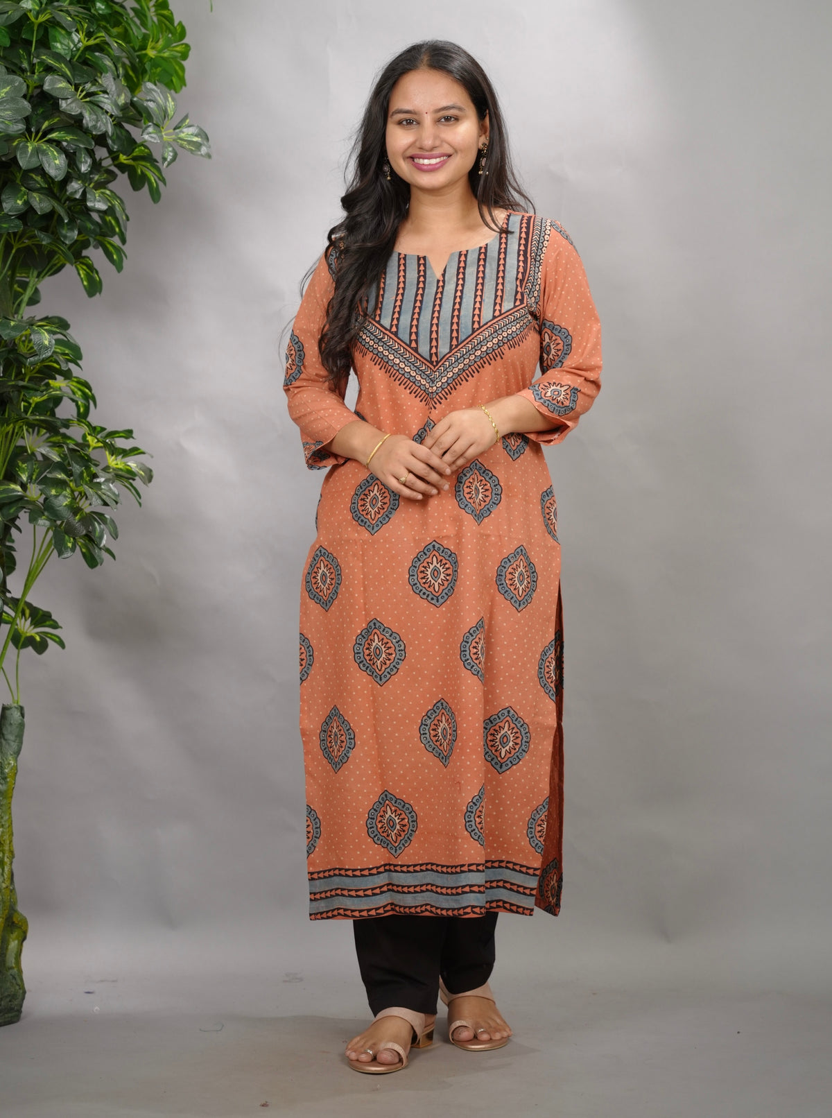 Peach Ajrakh Pattern Hand Block printed Kurti | Looms & Tassels