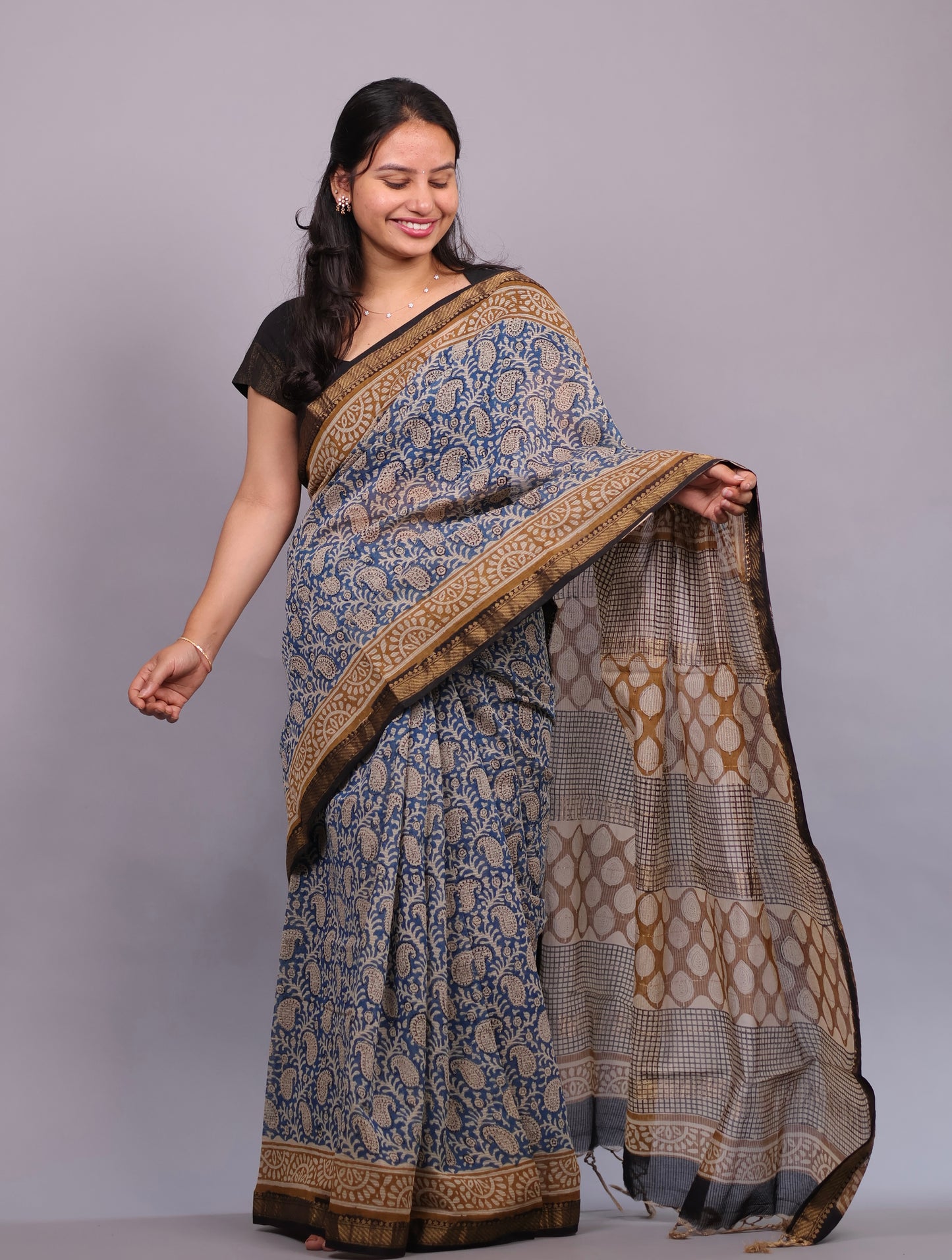 Blue Bagru Hand Block Printed Maheswari Silk Cotton Saree