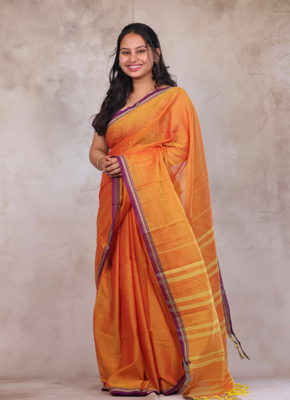 Orange Narayanpet Cotton Saree | Looms & Tassels