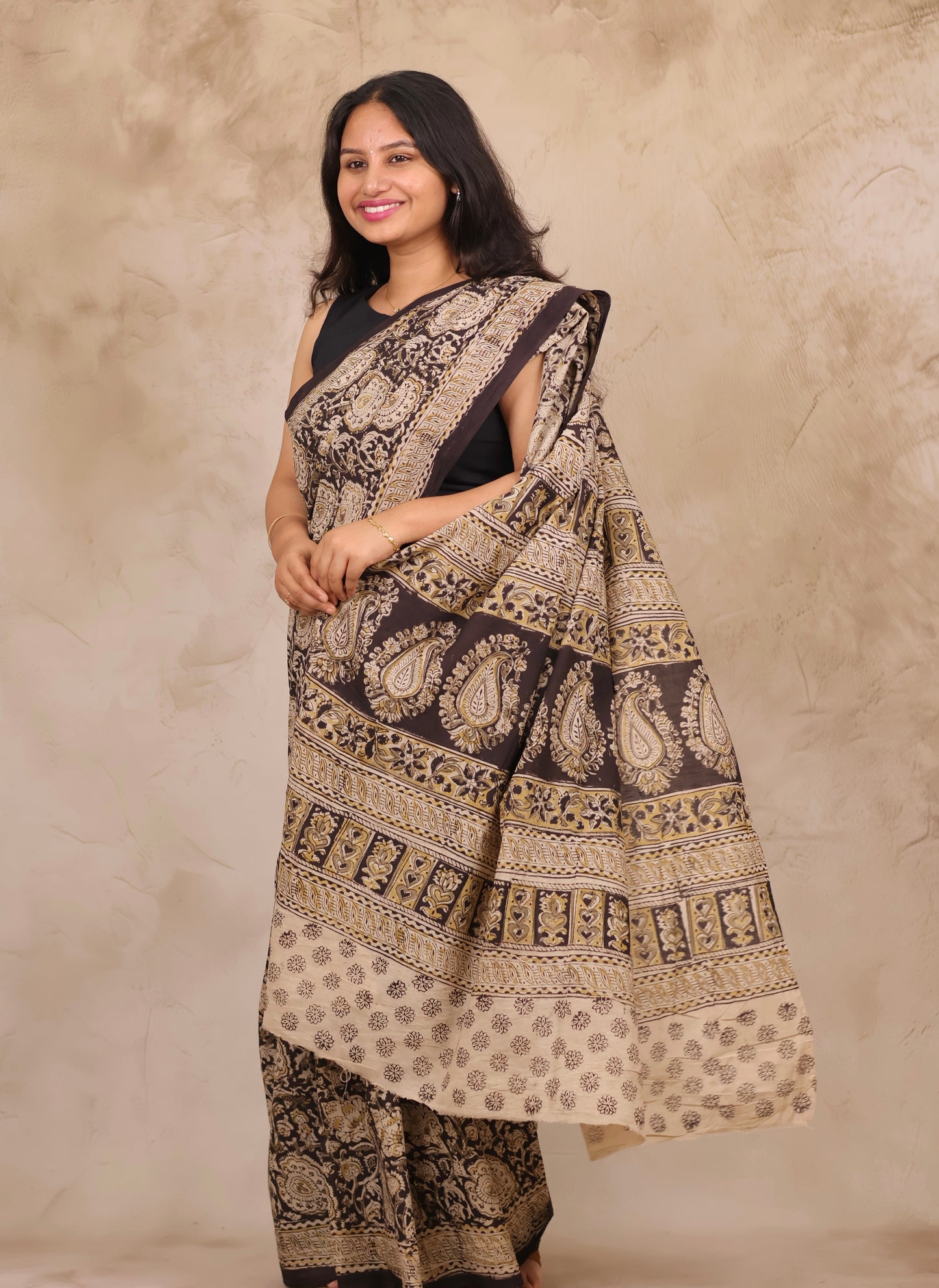 Black Hand Block Printed Kalamkari Cotton Saree | Looms & Tassels