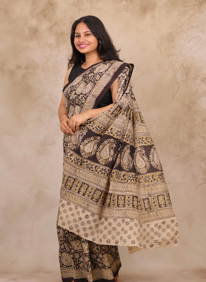 Black Hand Block Printed Kalamkari Cotton Saree | Looms & Tassels