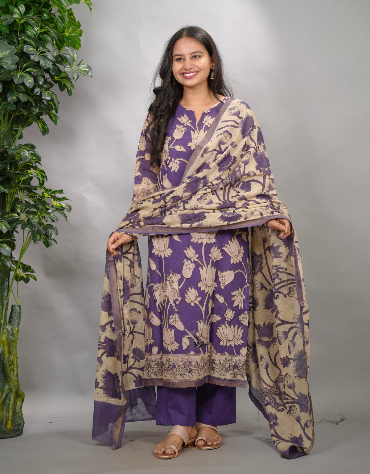 Purple Kalamkari Kota Cotton 3 piece suit (stitched) | Looms & Tassels