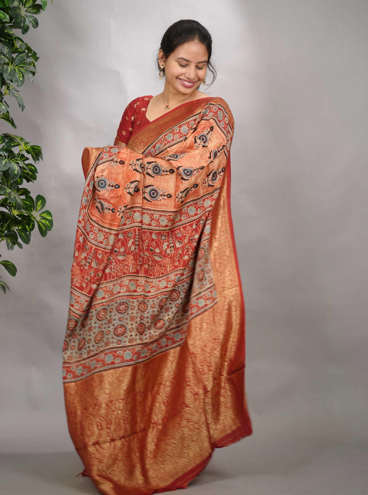 Onion Pink Ajrakh Handblock printed Dola Silk Saree| Looms & Tassels