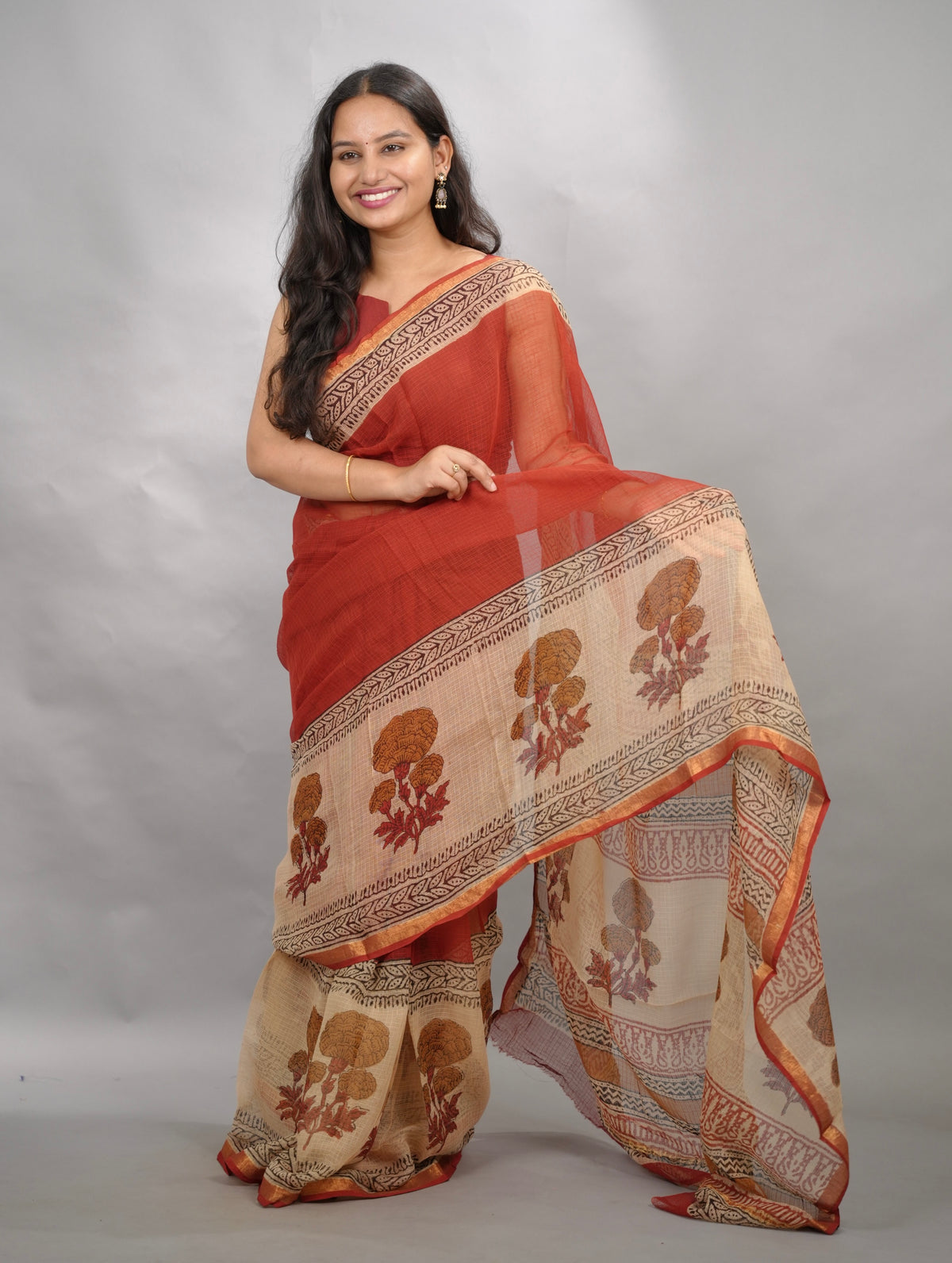 Maroon Pure Kota Doria Saree with Bagru Handblock Prints | Looms & Tassels