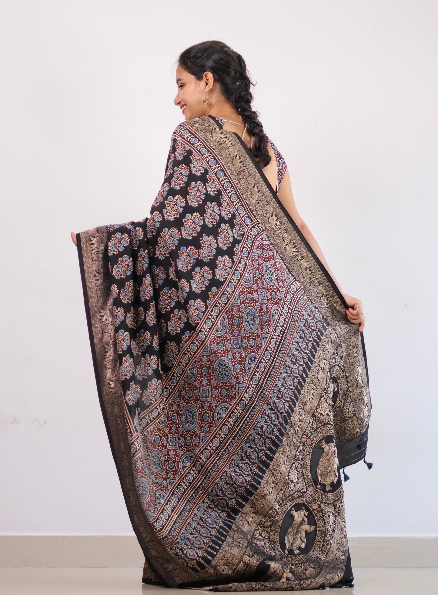 Ajrakh Dola Silk Saree