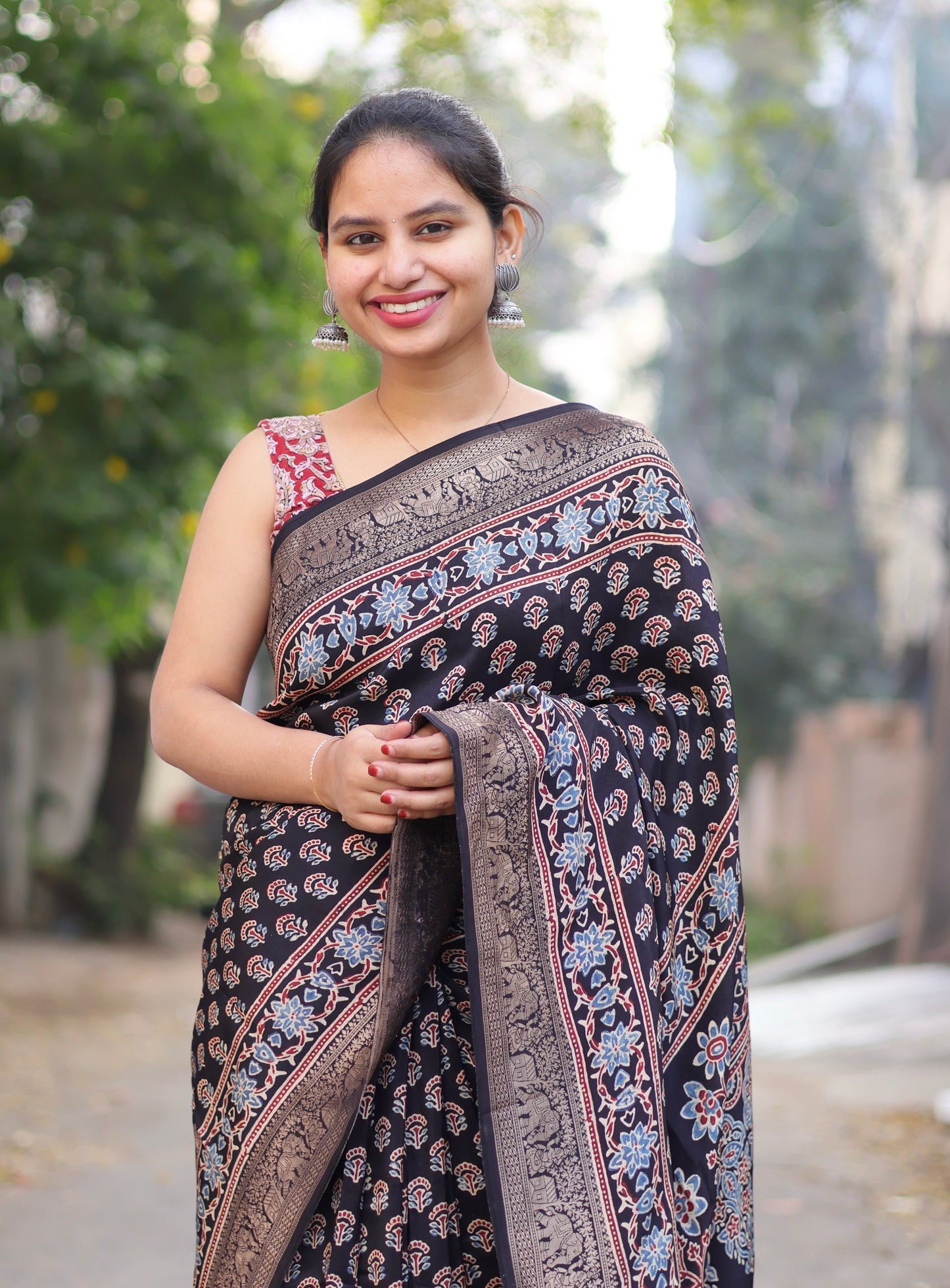 Black Ajrakh Dola Silk Saree