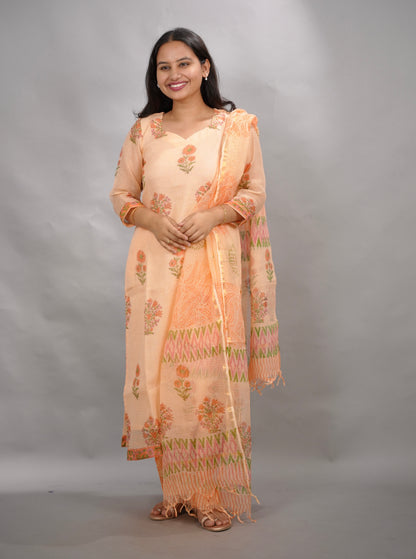 Pastel Handblock printed kota 3 piece suit (stitched)| Looms & Tassels