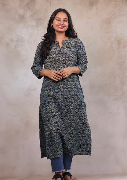Indigo Ajrakh Hand Block Printed Kurti | Looms & Tassels