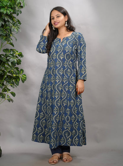 Indigo Ajrakh Cotton Kali Kurta | Looms & Tassels