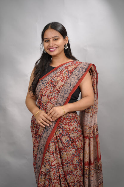 Red Hand Block Printed Kalamkari Cotton Saree | Looms & Tasselse