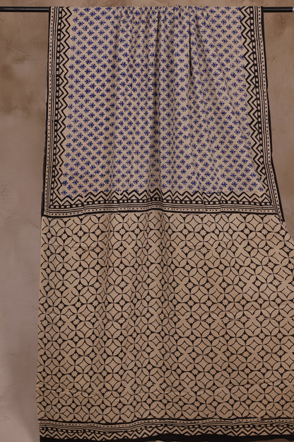Cream & Black Bagru Handblock printed MulMul cotton saree| Looms & Tassels