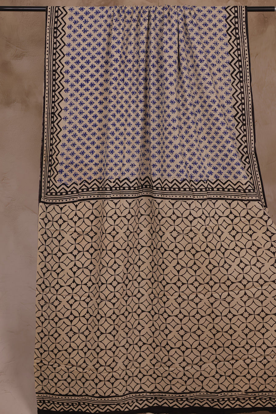 Cream & Black Bagru Handblock printed MulMul cotton saree| Looms & Tassels