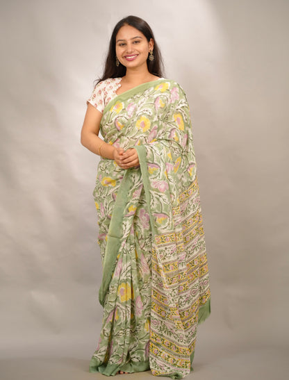 Green Georgette Hand Block Printed Saree| Looms & Tassels