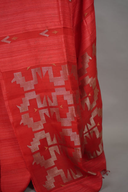 Red Handloom Jamdhani Pure Matka Silk Saree with Muslin Silk Pallu