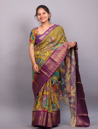 Mehendi Green Hand Painted Pen Kalamkari Silk Saree