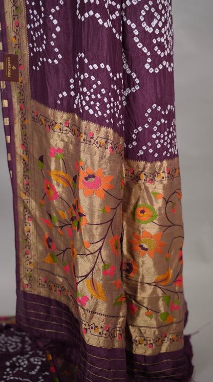 Purple Handcrafted  Pattern Bandhani Paithani Dola Silk Saree | Looms & Tassels