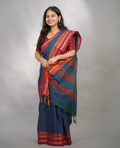 Peacock Blue Checks Narayanpet Cotton Saree with Traditional contrast Border | Looms & Tassels