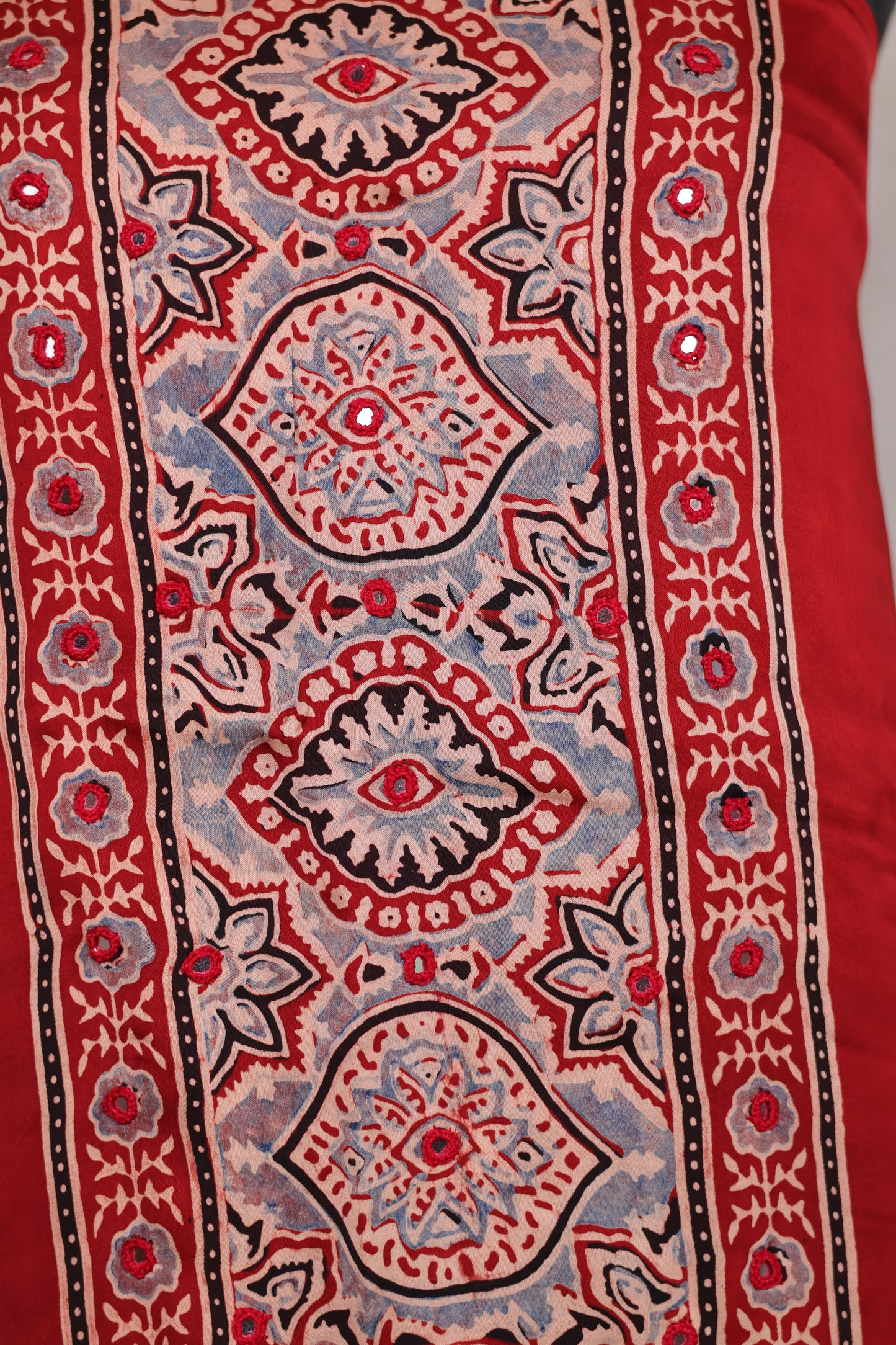 Mirror Work Maroon Ajrakh Handblock Printed Modal Silk 2 Piece Suit Set | Looms & Tassels