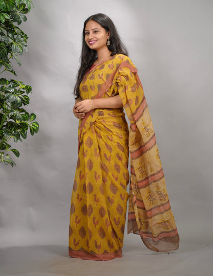 Mustard & Peach Chiffon Hand Block Printed Saree | Looms & Tassels