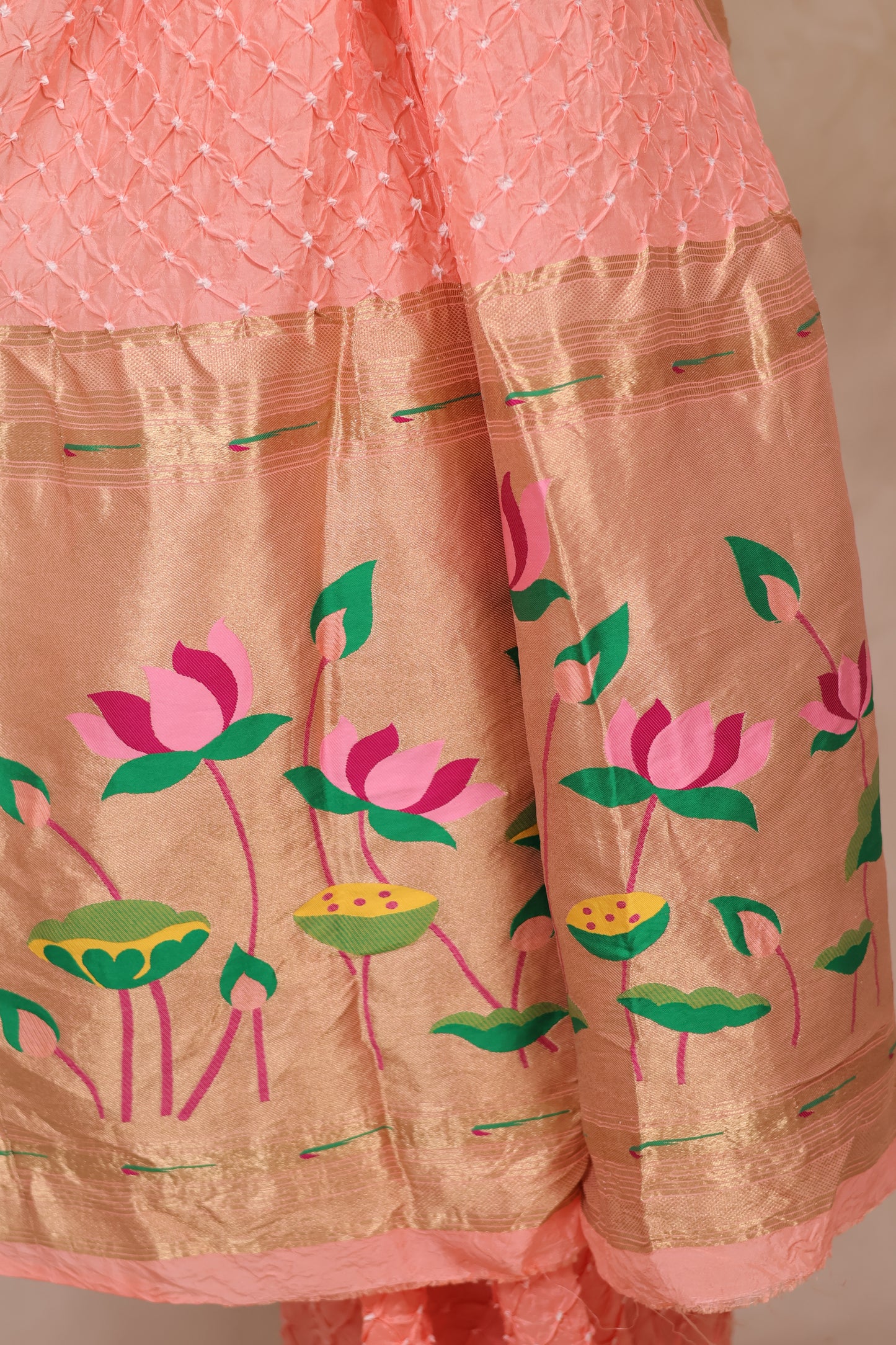 Pastel Handcrafted Bandhani Paithani Dola Silk Saree | Looms & Tassels