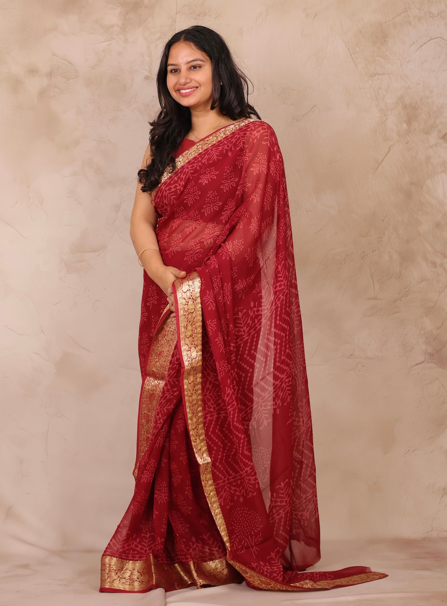 Chiffon Hand Block Printed Saree with Jari Border | Looms & Tassels