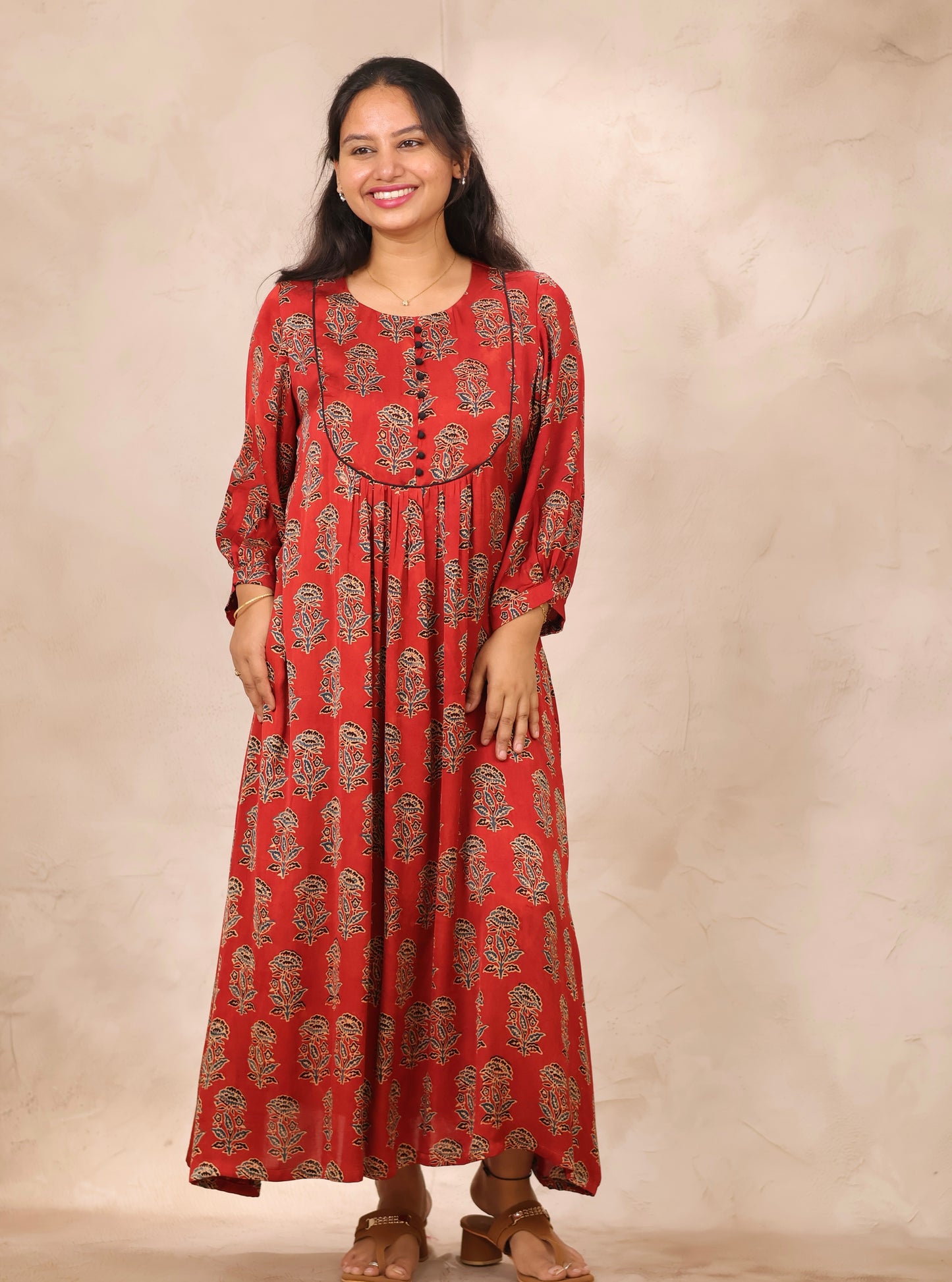 Red Ajrakh Modal Silk Aline Dress | Looms & Tassels