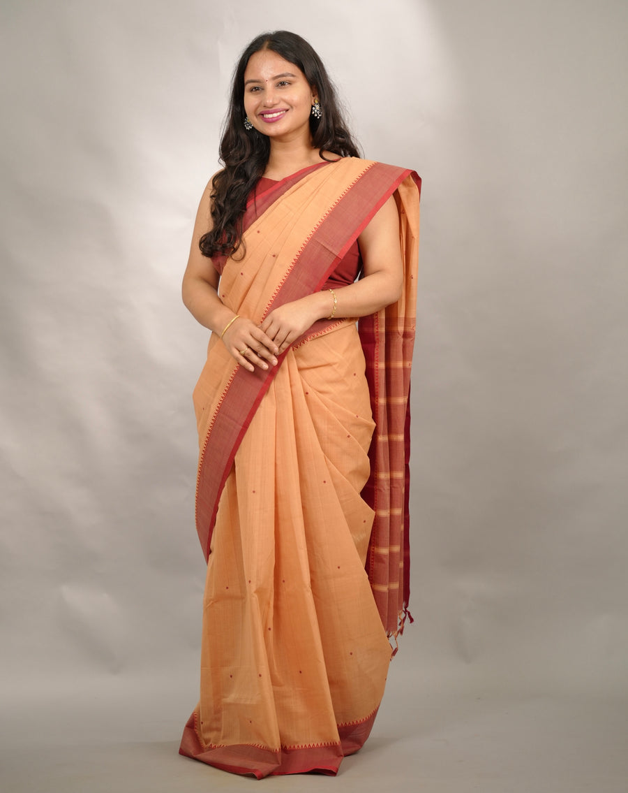 Peach Handloom Venkatagiri Cotton Saree Without Blouse | Looms & Tassels