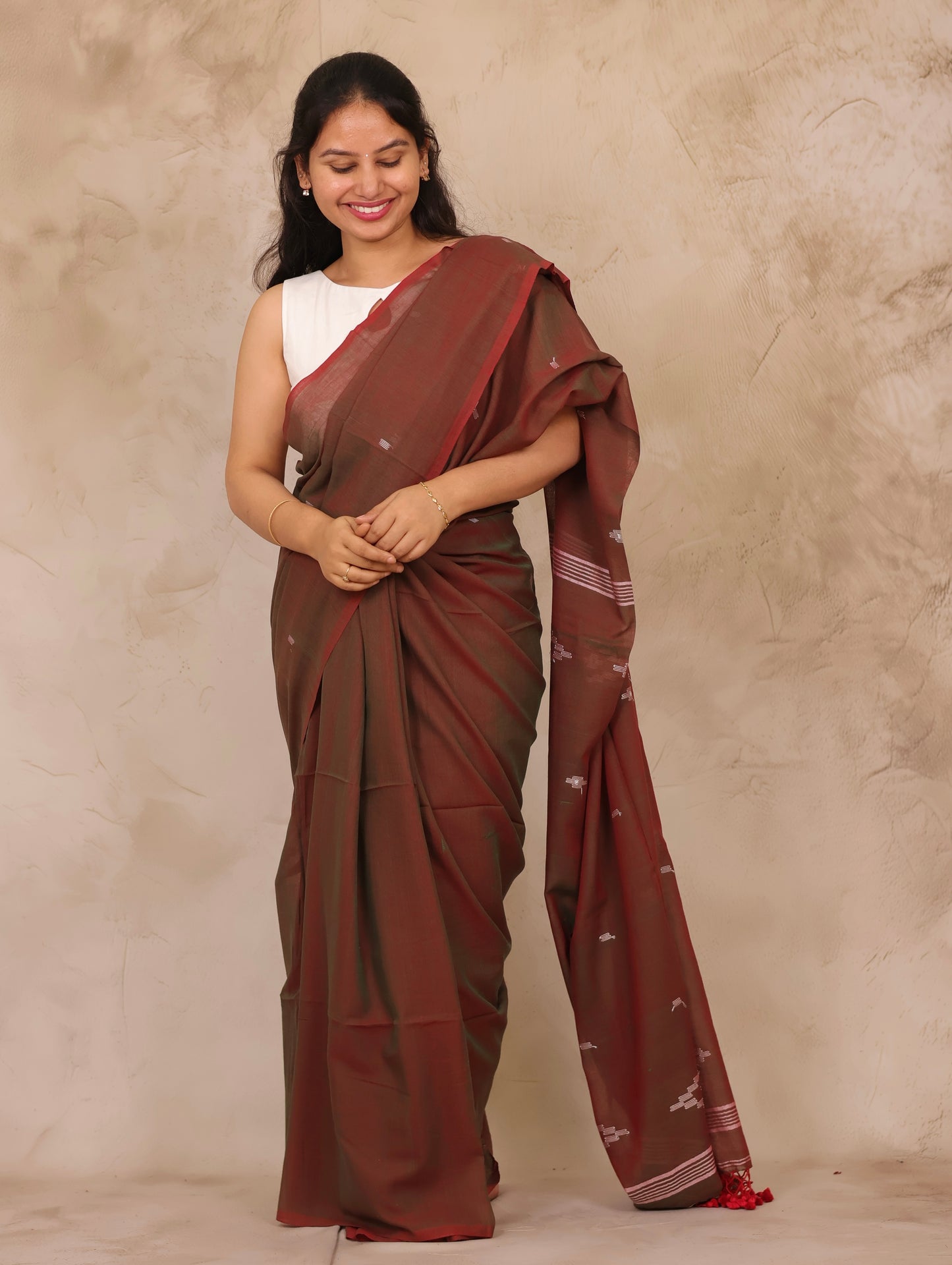 Dual Shade Brown Malai Cotton Saree with Butta Weaving | Looms & Tassels