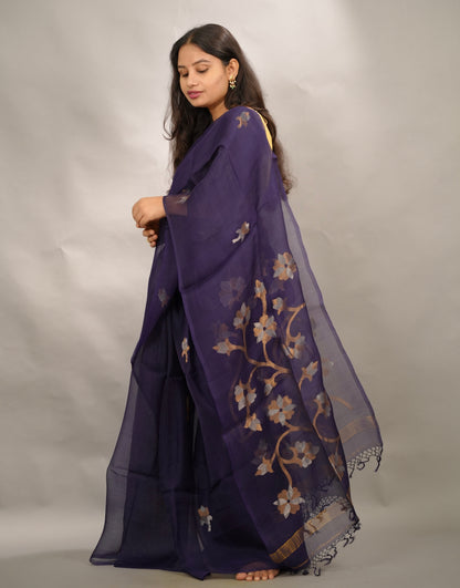 Blue Handloom Muslin Silk Saree With jamdhani weaving | Looms & Tassels