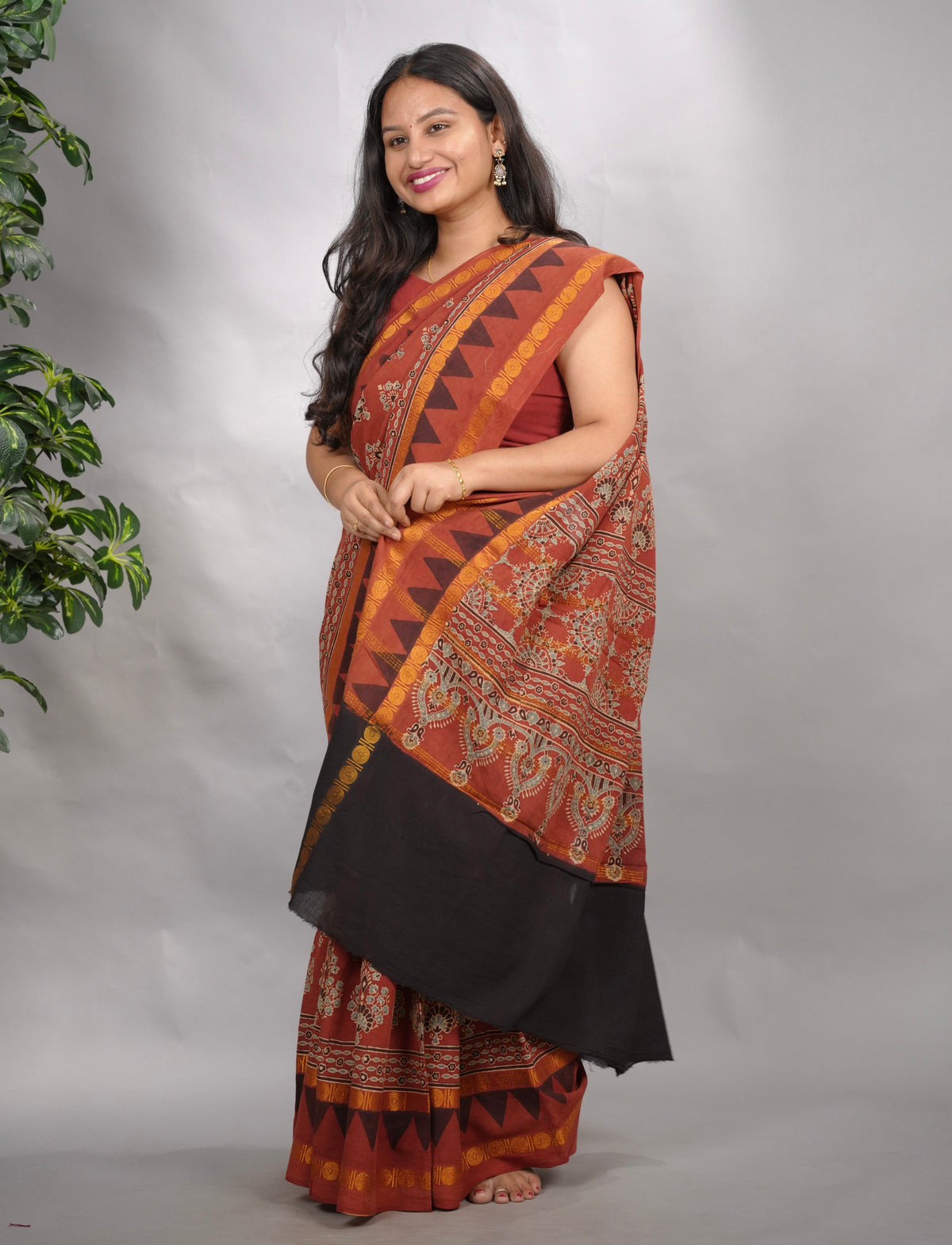 Red Ajrakh Hand Block Printed Sungudi Cotton Saree | Looms & Tassels