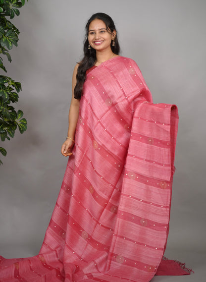 Baby Pink Handloom Jamdhani Pure Matka Silk Saree with Muslin Silk Pallu