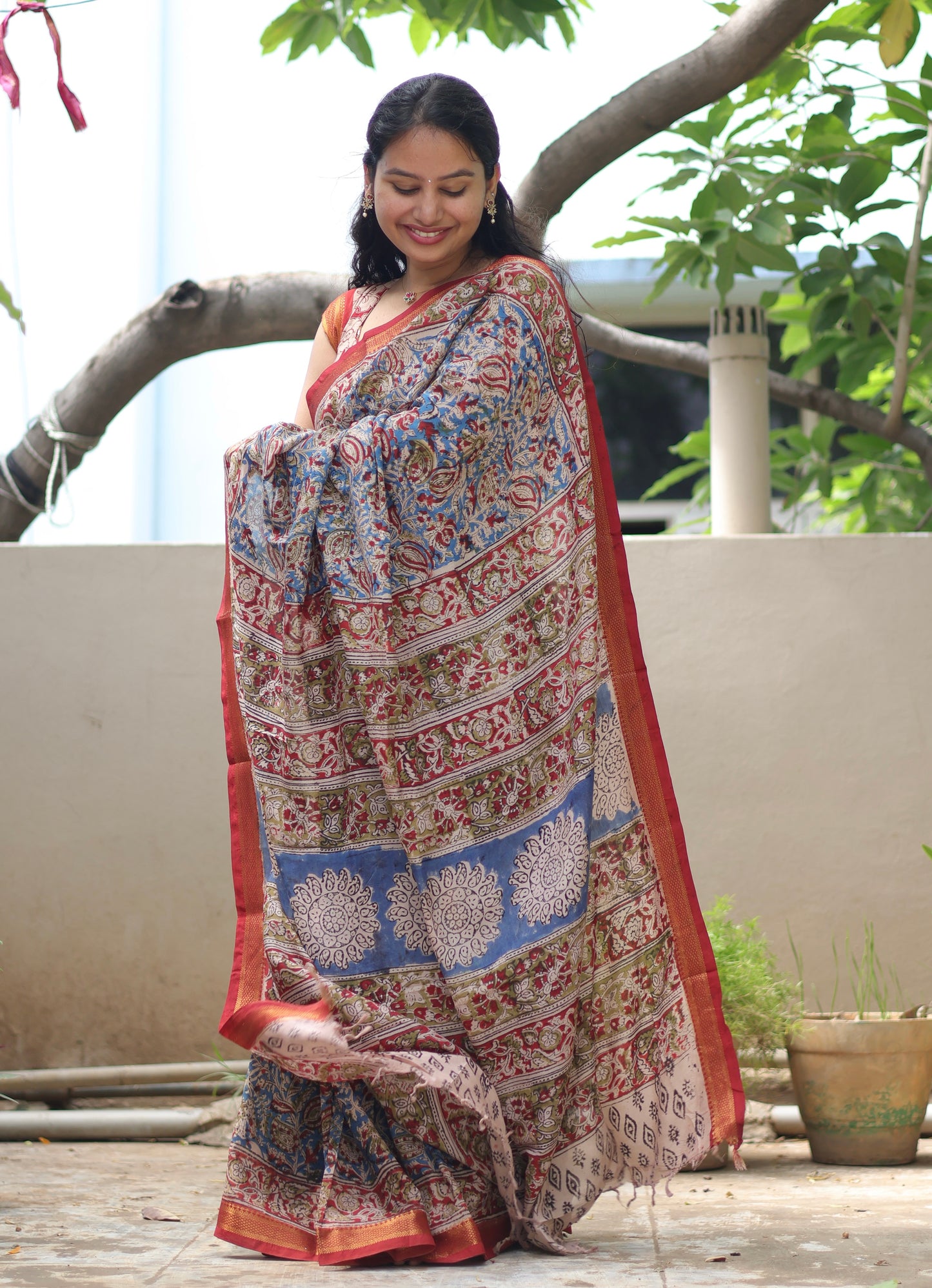 Blue Hand Block Printed Kalamkari Nizam Border Silk Sare